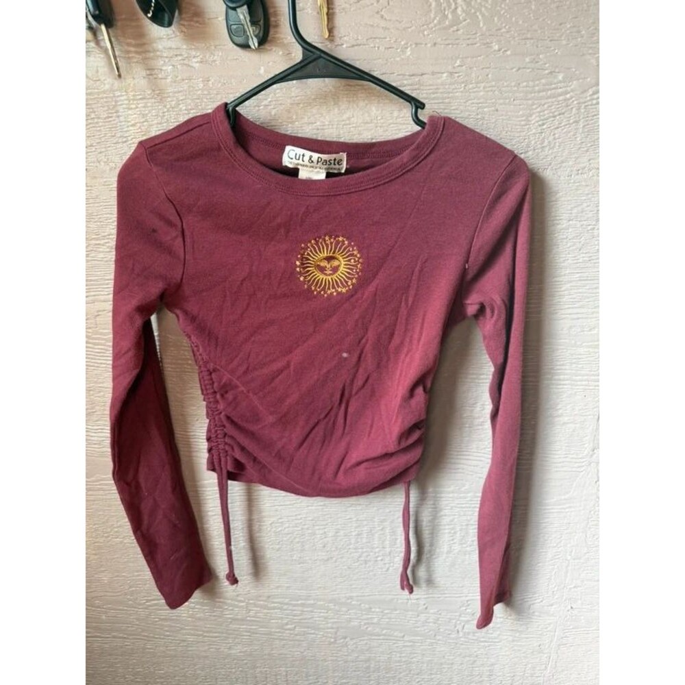 Long Sleeve Maroon Scrunch Shirt with Gold Sun Design